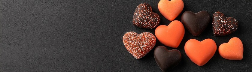 Fototapeta premium Heart-Shaped Cookies in Orange and Brown on Dark Background Perfect for Celebrations and Treats
