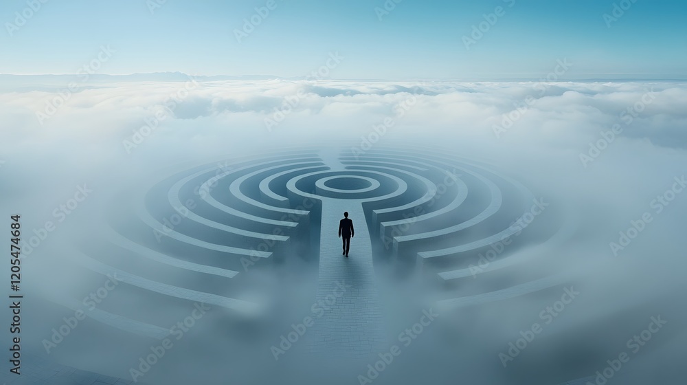 Poster Silhouetted figure walking through a maze of floating abstract digital ideas representing the complex journey and challenge of business innovation and problem solving