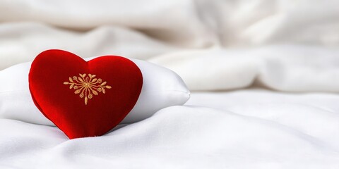 Red Heart-Shaped Cushion on Soft White Fabric with Elegant Embroidery Design