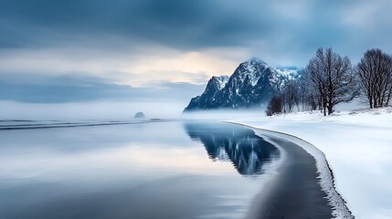 La Push in Victorian winter style, soft minimalistic palette, intricate snowy details, serene icy beach, nuanced atmospheric light, Ultra-Realistic, Photo Realistic, highly detailed, 
