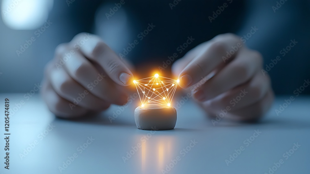 Poster Hands sculpting a glowing ethereal business model out of clay representing the process of shaping creative ideas and concepts into tangible functional reality  The image symbolizes the dedicated
