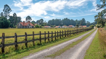 Fototapeta premium Rural road, houses, field, fence, sunny day, countryside, peaceful, landscape, travel, nature