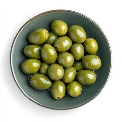 A plate of green olives arranged neatly, set against a clean white background.