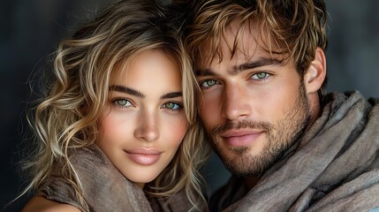 Serene duo captured in soft focus, the woman’s curly brown hair and brown linen scarf complementing the man’s blond beard and gray scarf. Gentle lighting highlights their delicate features and 