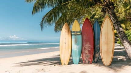 Five surfboards lined up on a sandy beach under palm trees with ocean waves in the background.