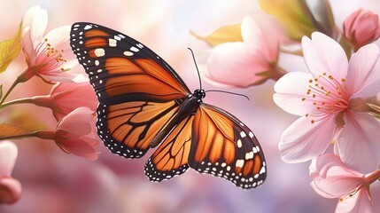 Fototapeta premium Hyper-realistic Monarch butterfly perched among blooming cherry blossoms in a serene garden setting during springtime
