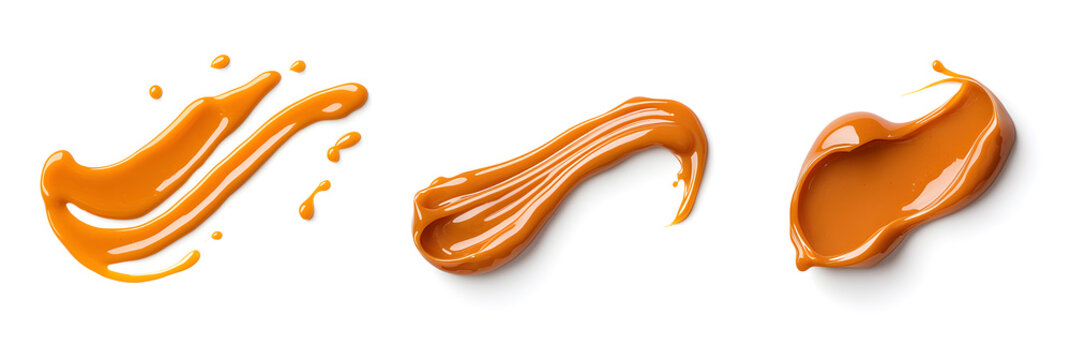 Caramel splash, sweet liquid candy swirl and wave, splashing with droplets. 3d Melted toffee syrup with splatters and dynamic motion isolated on white background