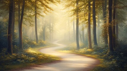 Obraz premium Serene Winding Path Through Misty Golden Forest