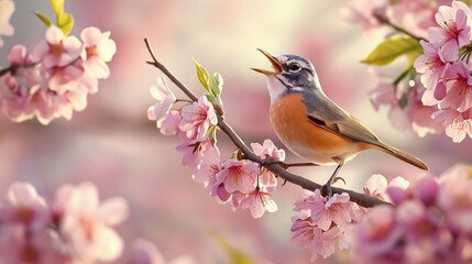 Fototapeta premium Beautiful robin perched on a blossoming cherry tree branch during springtime
