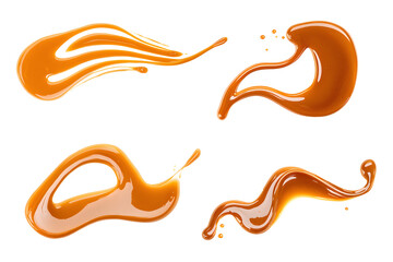 Fototapeta premium Caramel splash, sweet liquid candy swirl and wave, splashing with droplets. 3d Melted toffee syrup with splatters and dynamic motion isolated on white background