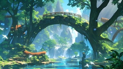 A charming fantasy forest with magical plants and a serene atmosphere, captured in anime style for a whimsical vibe.