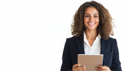 A woman in a business suit is holding a tablet in her hand