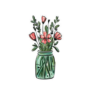 recommend clip art: Rustic Flower Bouquet in Mason Jar with Line Art for Nature and Home Decor Designs