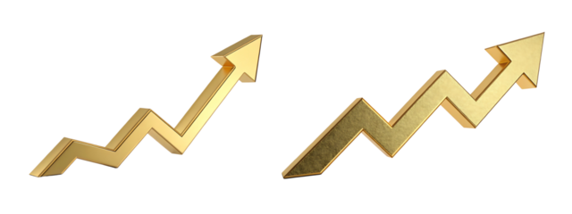3D rising gold arrow icon isolated with transparent background