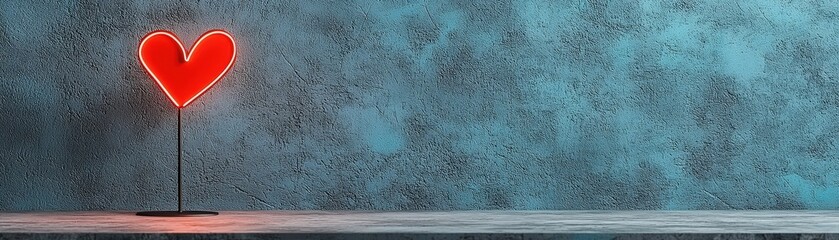 Neon Heart Light on Table Against Textured Blue Wall for Romantic Theme and Decoration
