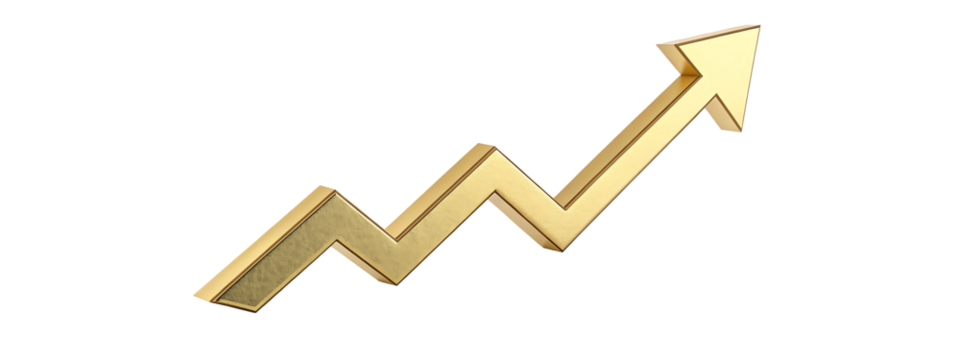 3D rising gold arrow icon isolated with transparent background