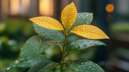 Close-up of Dew-Covered Plant Leaves with Yellow and Green Hues