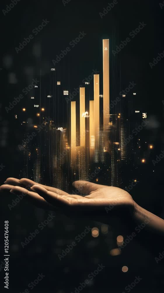 Poster open hand holding a growing business graph hologram made of light with percentage and numbers above 