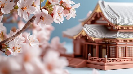 Detailed close-up of a miniature traditional Japanese building with cherry blossoms in soft focus highlighting the delicate beauty of spring