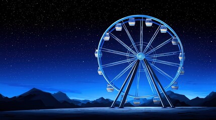 Bright Ferris Wheel at Night Under Starry Sky with Mountain Silhouettes in Background