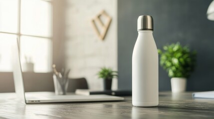 A stylish reusable water bottle on a minimalist desk, symbolizing environmental consciousness and hydration, Eco-friendly lifestyle scene