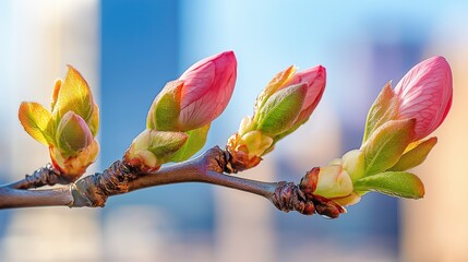 Fototapeta premium Budding cherry blossom branches showcase delicate pink flowers in serene springtime setting