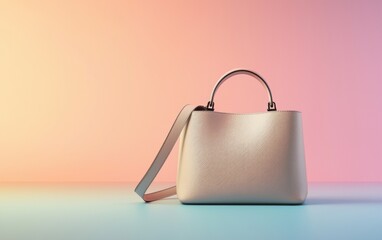 Classic shoulder bag in warm taupe against a subtle gradient pastel backdrop