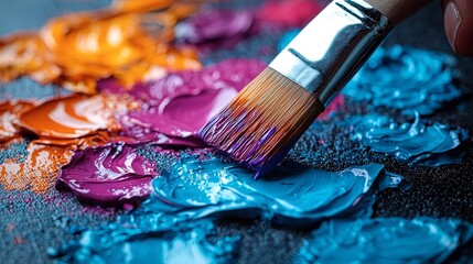Fototapeta premium Vibrant Oil Paint Colors Being Applied to Palette with Paintbrush