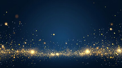 Glowing Golden Particles on Dark Blue Background Festive Sparkles Abstract Design