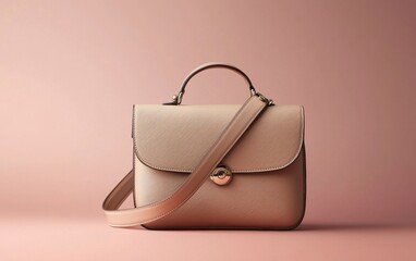 Classic shoulder bag in warm taupe against a subtle gradient pastel backdrop