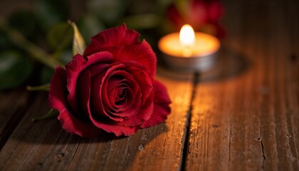 Solitary Red Rose with Glowing Candle on Rustic Wood Surface