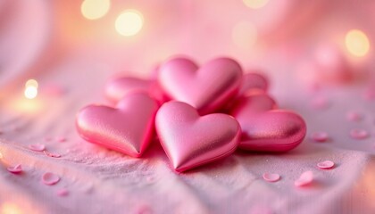 Fototapeta premium Romantic rose gold hearts with bokeh effect on soft pink fabric