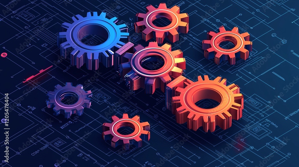 Poster innovative gear mechanisms in a technical blueprint digital workspace 3d render industrial environme