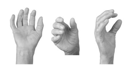 Closeup, elderly woman's hand reaching and curled in a grasping pose, wrinkled skin, soft palm, expressive gesture as if catching something invisible. Isolated on white background.