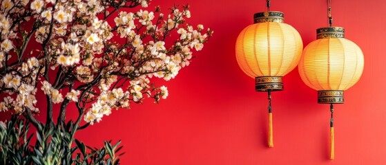 Chinese New Year's Festive Decor: Lanterns and Blossoms