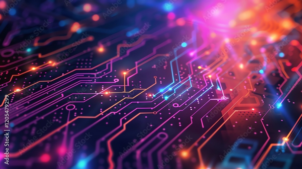 Poster close-up of a circuit board with glowing lines and connections.
