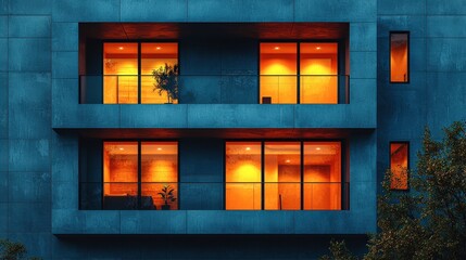 Warm Interior Lights Illuminating Modern Concrete Building at Night