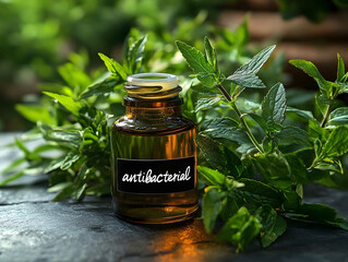 Glass bottle of aroma oil with "antibacterial" label