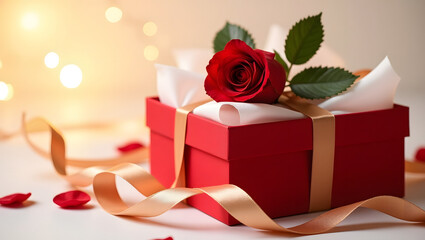 A luxurious red gift box with a long-stemmed rose on top, wrapped in champagne ribbon, glowing warmly against a creamy white background.
