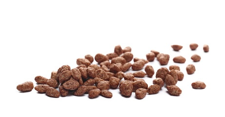 Chocolate rice flakes pile isolated on white, side view