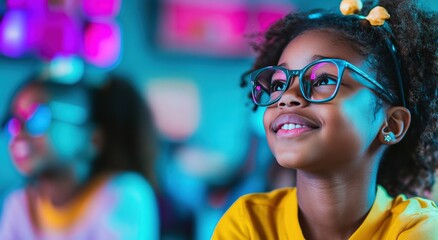 A dark-skinned girl in glasses gazes at a glowing screen, her expression filled with focus and curiosity as she engages with the digital world