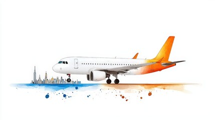 Elegant Airplane Illustration with Urban Skyline and Watercolor Background