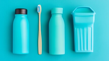 Eco Friendly Products, Teal Bottles, Bamboo Toothbrush, Recycle Bin