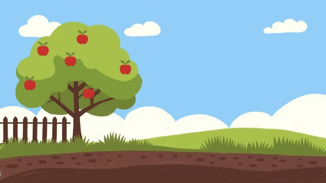 hand-drawn landscape with apple tree