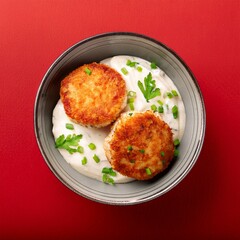 Fototapeta premium Crispy crab cakes served with cream sauce on red background