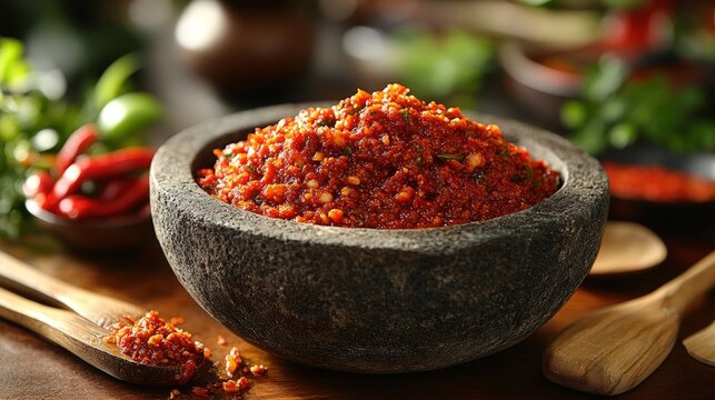 Spicy red chili paste in stone bowl.
