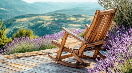Serene Rocking Chair on Lavender Field with Mountain View