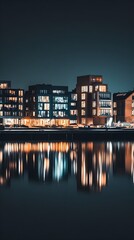Serene Nighttime View of Iconic Buildings in Aarhus Reflected in Water