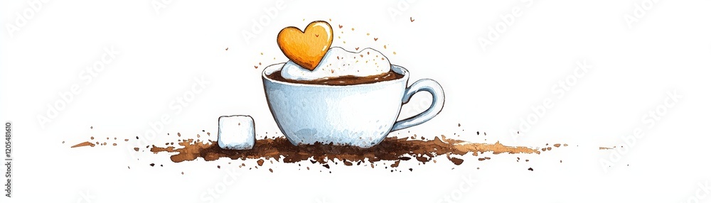 Sticker Warm Cup of Coffee with Heart-Shaped Topping and Sugar Cube on Wooden Table