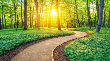 Serene Winding Path in Sunlit Green Forest